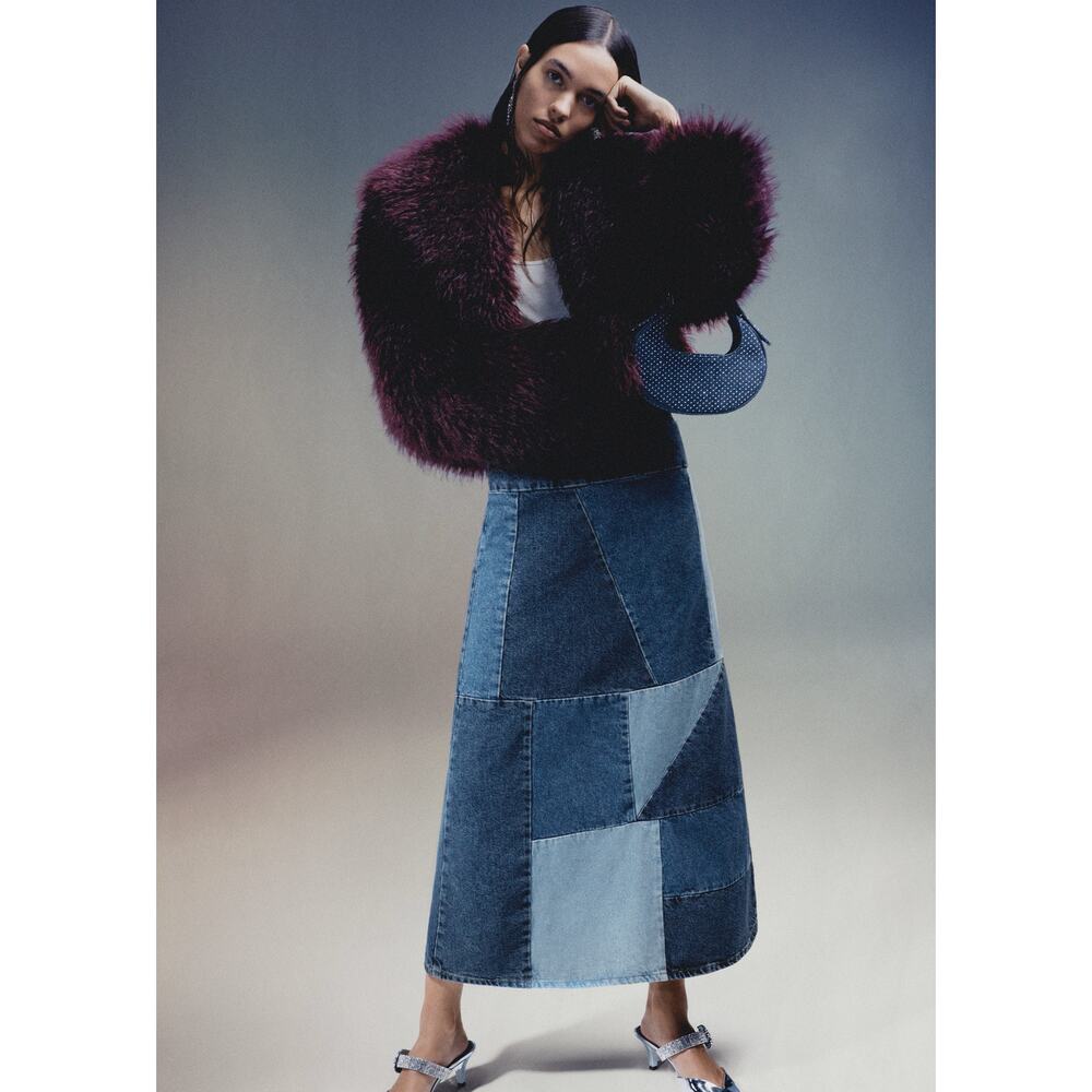 MANGO Patchwork Denim Midi Skirt NWT | Blue Cotton A-Line - Picture 13 of 16